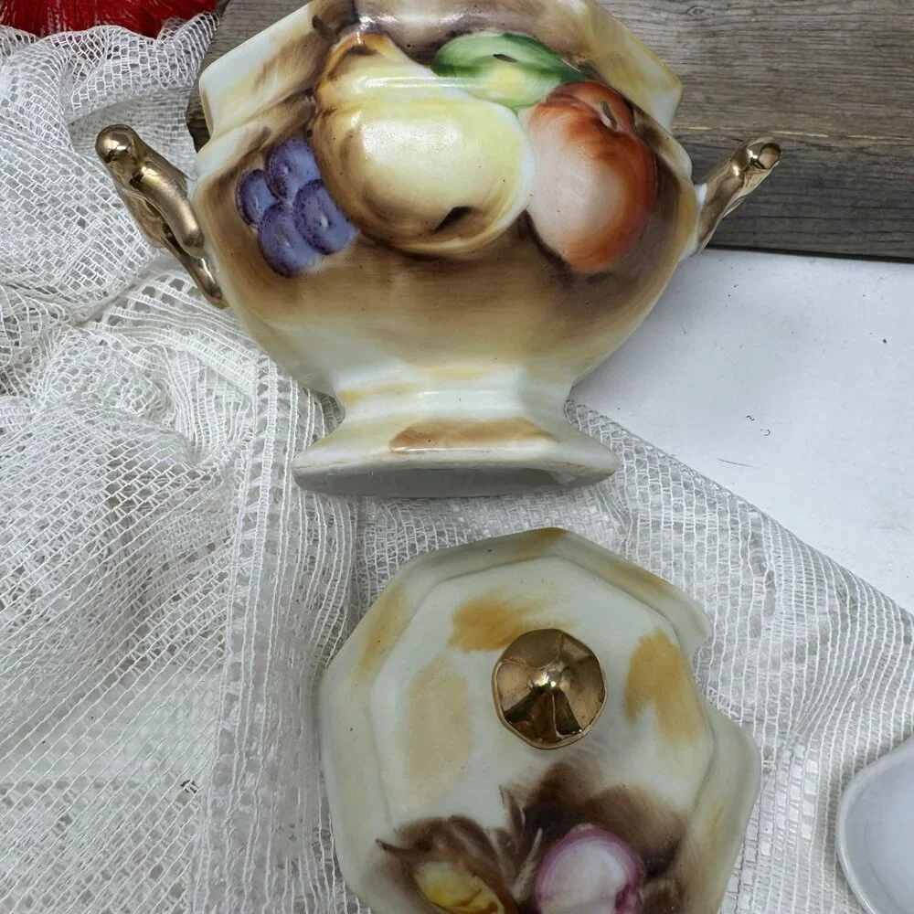 Vintage Enesco Sugar Condiment Bowl w/ Lid Spoon Fruit Gold Trim #E2364